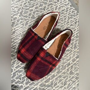 Toms Burgundy and Black Plaid Slip-Ons